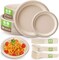 250-piece disposable paper plates set, made from compostable sugarcane material. This eco-friendly dinnerware kit includes 50 biodegradable plates, forks, knives, and spoons, making it perfect for birthday parties, camping, or any outdoor event. Visi